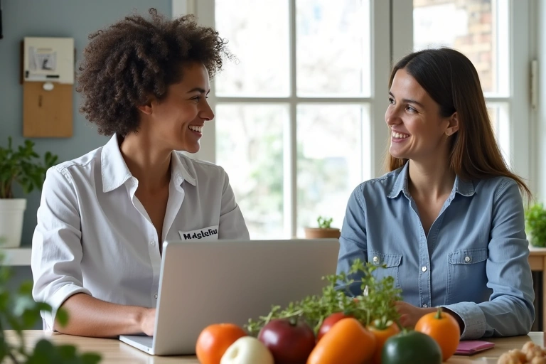 Egy dietetikus és egy kliens beszélget egy irodában, ahol friss ételek és egy laptop van az asztalon, személyre szabott tanácsadást illusztrálva.