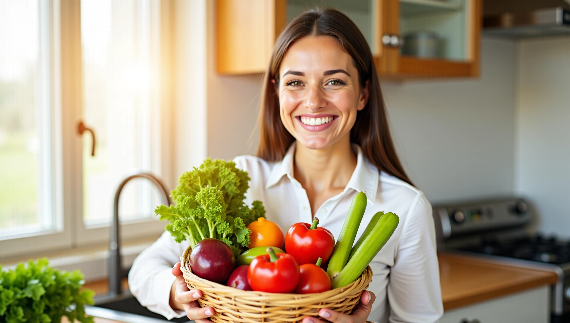 Egy mosolygós nő friss zöldségeket és gyümölcsöket tart a kezében, napfényes konyhában, egészséges életmódot sugározva.